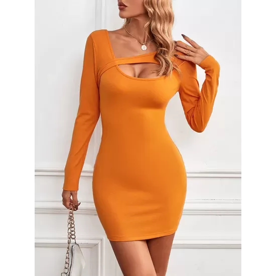 Asymmetric Hollow Solid Color Bodycon Long Sleeves Asymmetric Collar Mini Dresses Asymmetric Hollow Solid Color Bodycon Long Sleeves Asymmetric Collar Mini Dresses