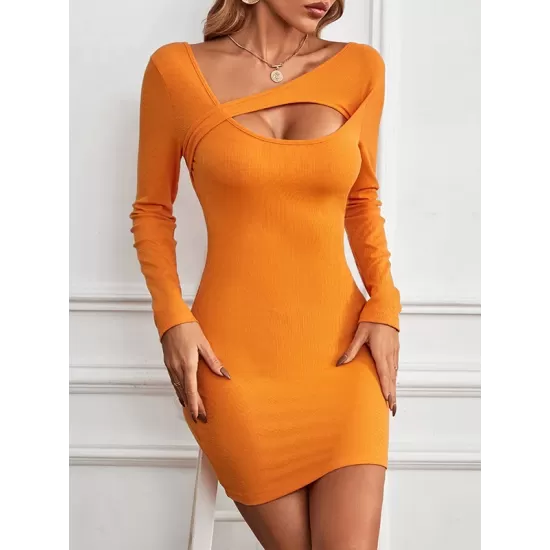 Asymmetric Hollow Solid Color Bodycon Long Sleeves Asymmetric Collar Mini Dresses Asymmetric Hollow Solid Color Bodycon Long Sleeves Asymmetric Collar Mini Dresses