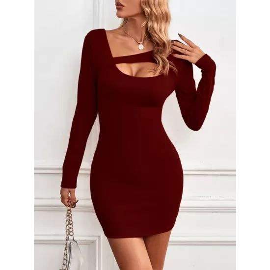 Asymmetric Hollow Solid Color Bodycon Long Sleeves Asymmetric Collar Mini Dresses Asymmetric Hollow Solid Color Bodycon Long Sleeves Asymmetric Collar Mini Dresses