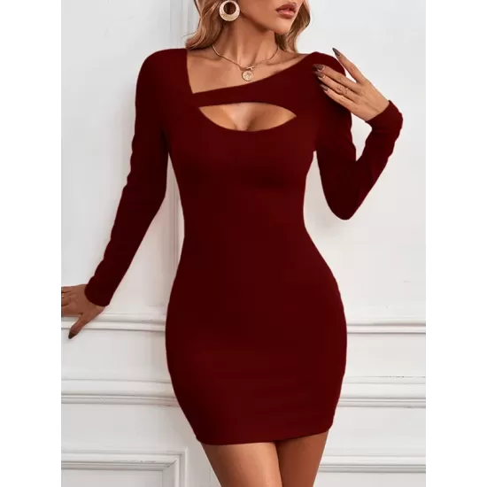 Asymmetric Hollow Solid Color Bodycon Long Sleeves Asymmetric Collar Mini Dresses Asymmetric Hollow Solid Color Bodycon Long Sleeves Asymmetric Collar Mini Dresses