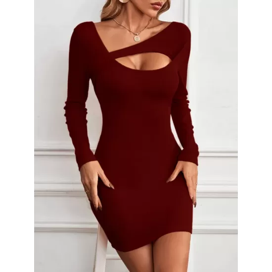 Asymmetric Hollow Solid Color Bodycon Long Sleeves Asymmetric Collar Mini Dresses Asymmetric Hollow Solid Color Bodycon Long Sleeves Asymmetric Collar Mini Dresses