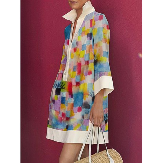 Long Sleeves Loose Printed Split-Joint Lapel Mini Dresses Shirt Dress Long Sleeves Loose Printed Split-Joint Lapel Mini Dresses Shirt Dress