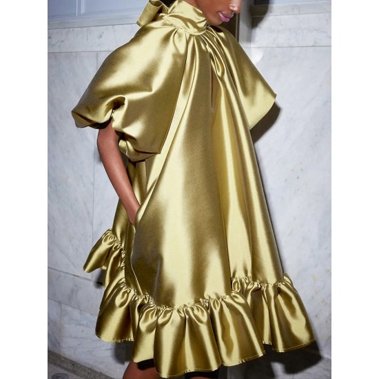Loose Puff Sleeves Falbala Solid Color High Neck Mini Dresses Short Dresses Loose Puff Sleeves Falbala Solid Color High Neck Mini Dresses Short Dresses