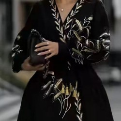 Embroidered Tied Waist Loose Puff Sleeves V-Neck Mini Dresses