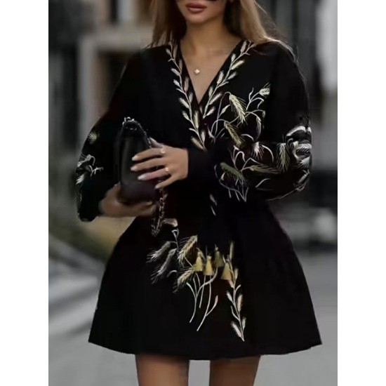 Embroidered Tied Waist Loose Puff Sleeves V-Neck Mini Dresses Embroidered Tied Waist Loose Puff Sleeves V-Neck Mini Dresses