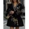 Embroidered Tied Waist Loose Puff Sleeves V-Neck Mini Dresses