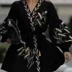 Embroidered Tied Waist Loose Puff Sleeves V-Neck Mini Dresses