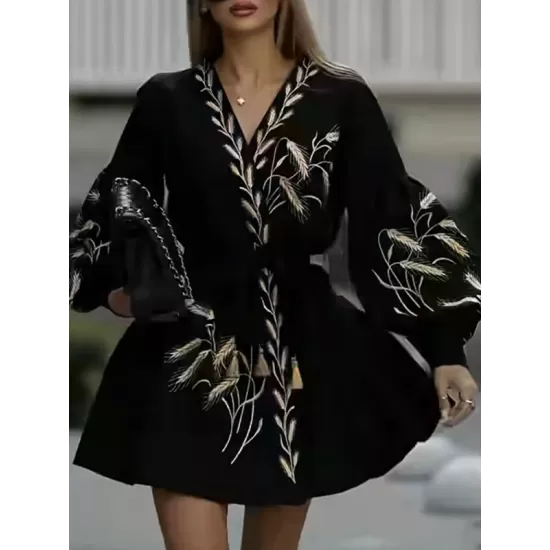 Embroidered Tied Waist Loose Puff Sleeves V-Neck Mini Dresses Embroidered Tied Waist Loose Puff Sleeves V-Neck Mini Dresses