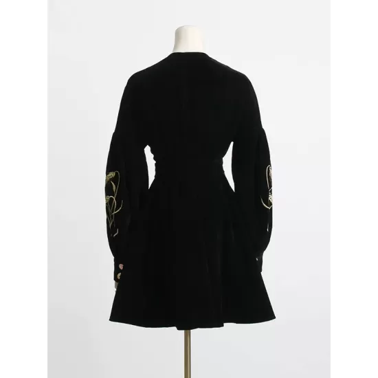 Embroidered Tied Waist Loose Puff Sleeves V-Neck Mini Dresses Embroidered Tied Waist Loose Puff Sleeves V-Neck Mini Dresses