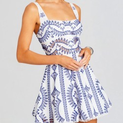 Buttoned Elasticity Hollow Printed High Waisted Loose Spaghetti-Neck Mini Dresses