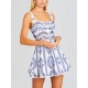 Buttoned Elasticity Hollow Printed High Waisted Loose Spaghetti-Neck Mini Dresses Buttoned Elasticity Hollow Printed High Waisted Loose Spaghetti-Neck Mini Dresses