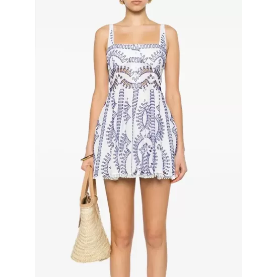 Buttoned Elasticity Hollow Printed High Waisted Loose Spaghetti-Neck Mini Dresses Buttoned Elasticity Hollow Printed High Waisted Loose Spaghetti-Neck Mini Dresses