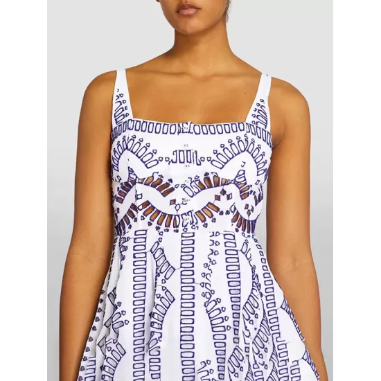 Buttoned Elasticity Hollow Printed High Waisted Loose Spaghetti-Neck Mini Dresses Buttoned Elasticity Hollow Printed High Waisted Loose Spaghetti-Neck Mini Dresses