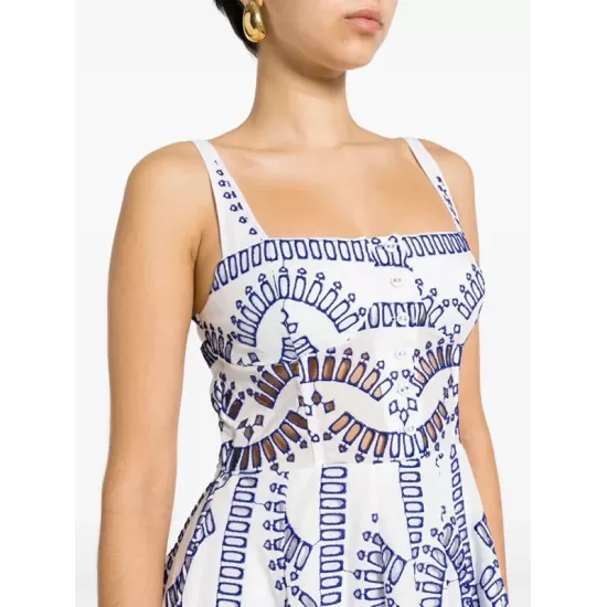 Buttoned Elasticity Hollow Printed High Waisted Loose Spaghetti-Neck Mini Dresses Buttoned Elasticity Hollow Printed High Waisted Loose Spaghetti-Neck Mini Dresses