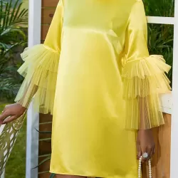 Shiny Solid Color Split-Joint Tulle Half Sleeves Loose Round-Neck Mini Dresses
