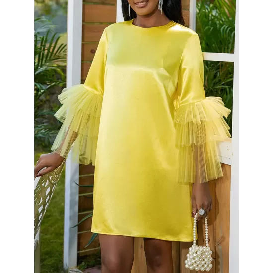 Shiny Solid Color Split-Joint Tulle Half Sleeves Loose Round-Neck Mini Dresses Shiny Solid Color Split-Joint Tulle Half Sleeves Loose Round-Neck Mini Dresses