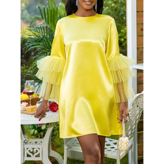 Shiny Solid Color Split-Joint Tulle Half Sleeves Loose Round-Neck Mini Dresses Shiny Solid Color Split-Joint Tulle Half Sleeves Loose Round-Neck Mini Dresses