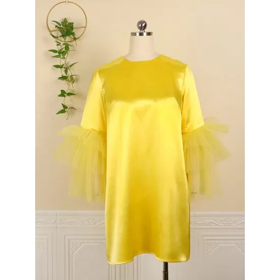 Shiny Solid Color Split-Joint Tulle Half Sleeves Loose Round-Neck Mini Dresses Shiny Solid Color Split-Joint Tulle Half Sleeves Loose Round-Neck Mini Dresses