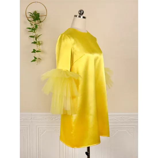 Shiny Solid Color Split-Joint Tulle Half Sleeves Loose Round-Neck Mini Dresses Shiny Solid Color Split-Joint Tulle Half Sleeves Loose Round-Neck Mini Dresses