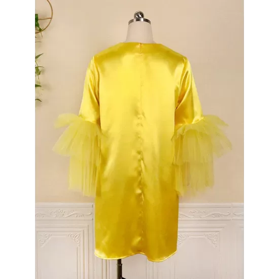 Shiny Solid Color Split-Joint Tulle Half Sleeves Loose Round-Neck Mini Dresses Shiny Solid Color Split-Joint Tulle Half Sleeves Loose Round-Neck Mini Dresses