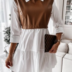 Contrast Color Pleated Split-Joint Long Sleeves Loose Lapel Mini Dresses