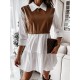 Contrast Color Pleated Split-Joint Long Sleeves Loose Lapel Mini Dresses Contrast Color Pleated Split-Joint Long Sleeves Loose Lapel Mini Dresses