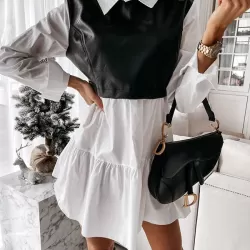Contrast Color Pleated Split-Joint Long Sleeves Loose Lapel Mini Dresses