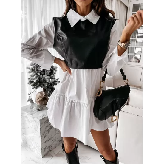 Contrast Color Pleated Split-Joint Long Sleeves Loose Lapel Mini Dresses Contrast Color Pleated Split-Joint Long Sleeves Loose Lapel Mini Dresses