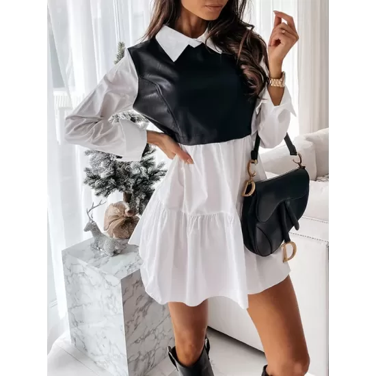 Contrast Color Pleated Split-Joint Long Sleeves Loose Lapel Mini Dresses Contrast Color Pleated Split-Joint Long Sleeves Loose Lapel Mini Dresses