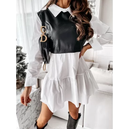 Contrast Color Pleated Split-Joint Long Sleeves Loose Lapel Mini Dresses Contrast Color Pleated Split-Joint Long Sleeves Loose Lapel Mini Dresses