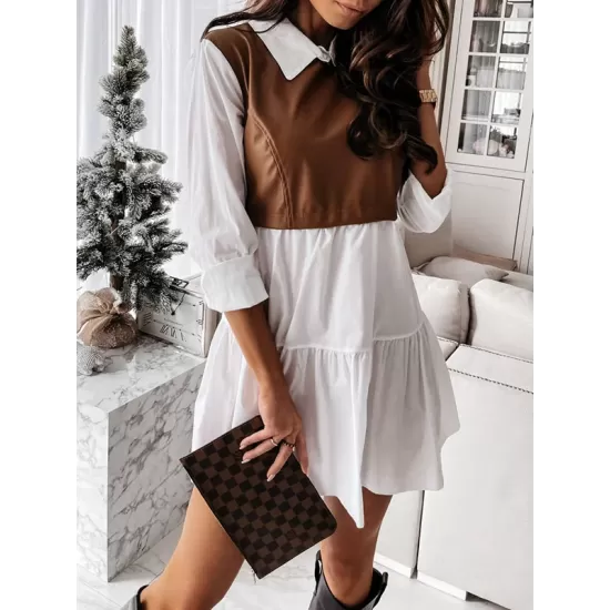 Contrast Color Pleated Split-Joint Long Sleeves Loose Lapel Mini Dresses Contrast Color Pleated Split-Joint Long Sleeves Loose Lapel Mini Dresses