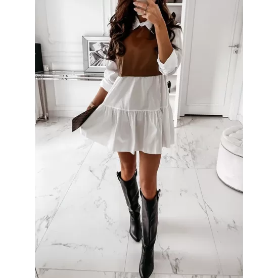 Contrast Color Pleated Split-Joint Long Sleeves Loose Lapel Mini Dresses Contrast Color Pleated Split-Joint Long Sleeves Loose Lapel Mini Dresses