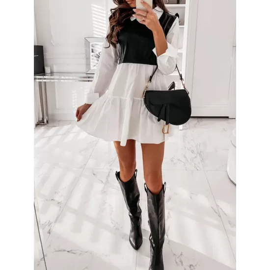 Contrast Color Pleated Split-Joint Long Sleeves Loose Lapel Mini Dresses Contrast Color Pleated Split-Joint Long Sleeves Loose Lapel Mini Dresses