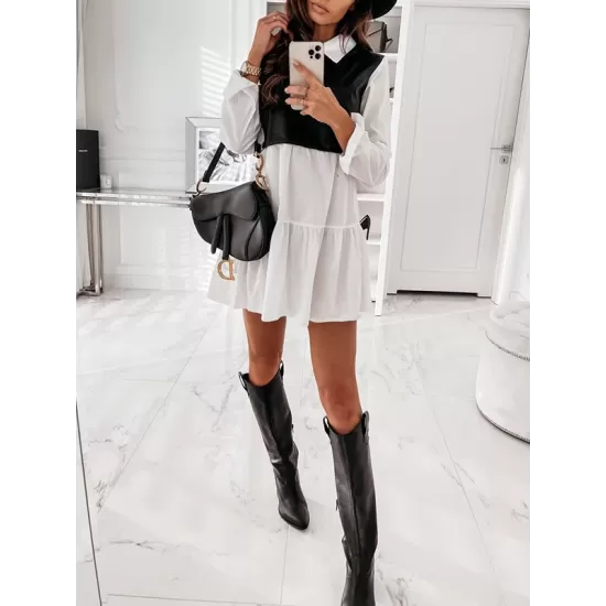 Contrast Color Pleated Split-Joint Long Sleeves Loose Lapel Mini Dresses Contrast Color Pleated Split-Joint Long Sleeves Loose Lapel Mini Dresses