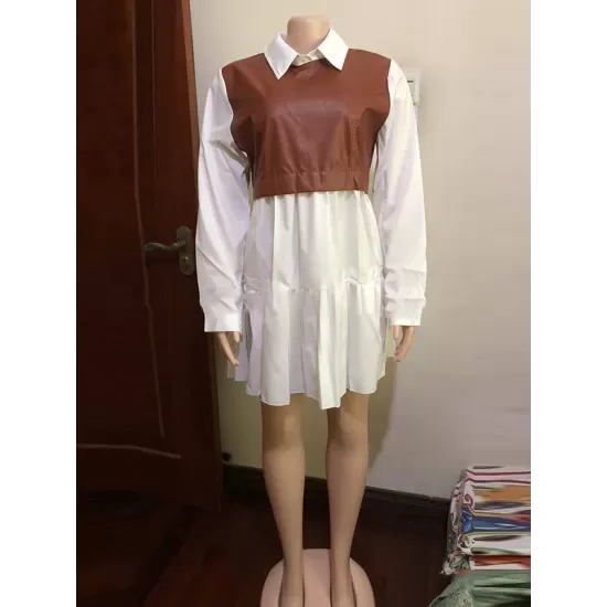 Contrast Color Pleated Split-Joint Long Sleeves Loose Lapel Mini Dresses Contrast Color Pleated Split-Joint Long Sleeves Loose Lapel Mini Dresses
