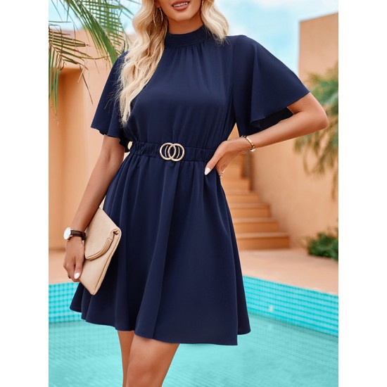 Belted Elasticity A-Line Flared Sleeves Mock Neck Mini Dresses Belted Elasticity A-Line Flared Sleeves Mock Neck Mini Dresses