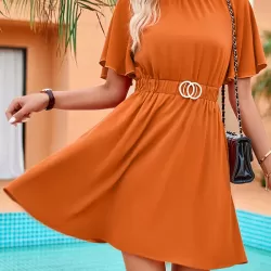 Belted Elasticity A-Line Flared Sleeves Mock Neck Mini Dresses