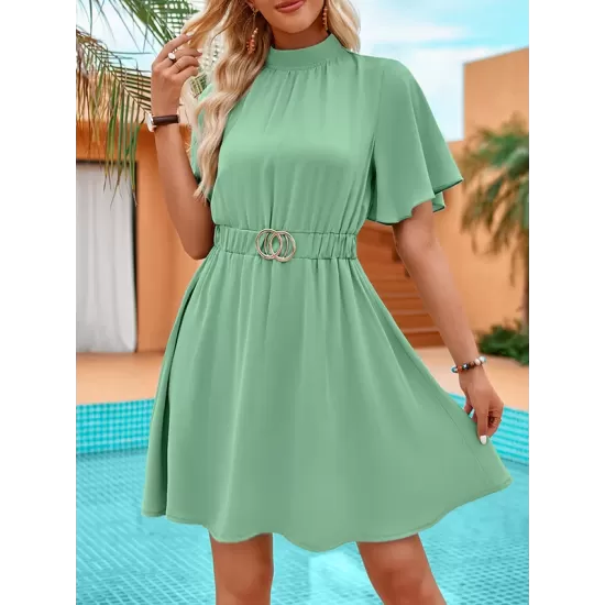 Belted Elasticity A-Line Flared Sleeves Mock Neck Mini Dresses Belted Elasticity A-Line Flared Sleeves Mock Neck Mini Dresses