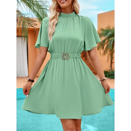 Belted Elasticity A-Line Flared Sleeves Mock Neck Mini Dresses Belted Elasticity A-Line Flared Sleeves Mock Neck Mini Dresses
