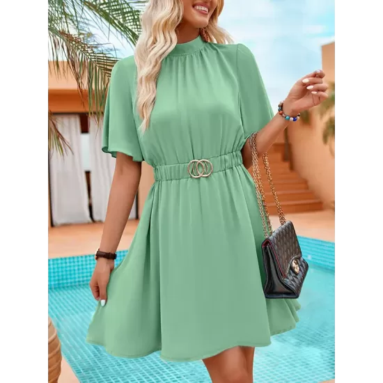 Belted Elasticity A-Line Flared Sleeves Mock Neck Mini Dresses Belted Elasticity A-Line Flared Sleeves Mock Neck Mini Dresses