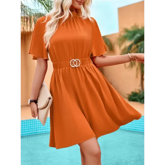 Belted Elasticity A-Line Flared Sleeves Mock Neck Mini Dresses Belted Elasticity A-Line Flared Sleeves Mock Neck Mini Dresses
