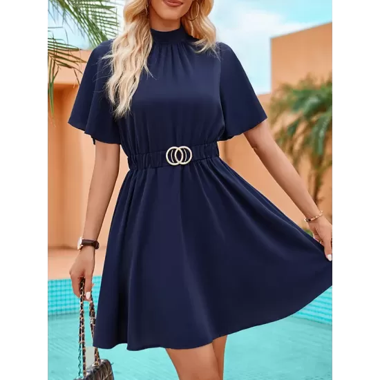 Belted Elasticity A-Line Flared Sleeves Mock Neck Mini Dresses Belted Elasticity A-Line Flared Sleeves Mock Neck Mini Dresses