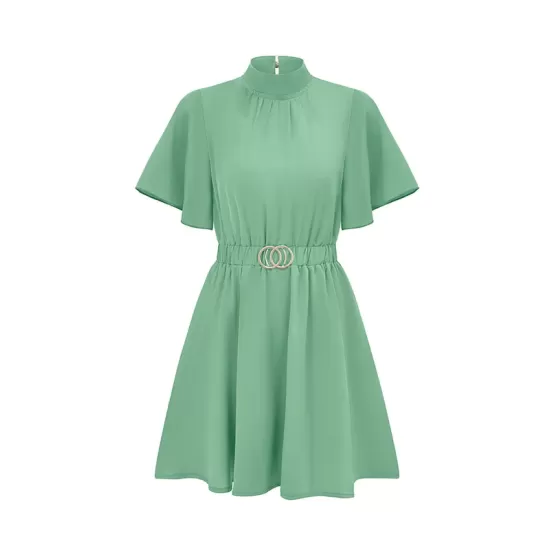 Belted Elasticity A-Line Flared Sleeves Mock Neck Mini Dresses Belted Elasticity A-Line Flared Sleeves Mock Neck Mini Dresses