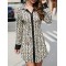 Buttoned Contrast Color Printed Long Sleeves Lapel Mini Dresses