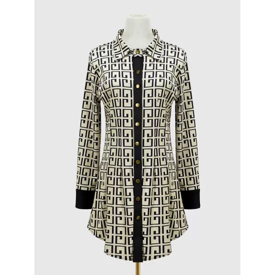 Buttoned Contrast Color Printed Long Sleeves Lapel Mini Dresses Buttoned Contrast Color Printed Long Sleeves Lapel Mini Dresses