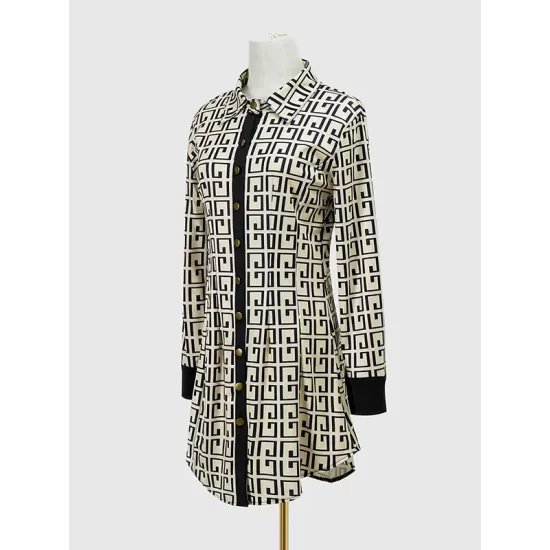 Buttoned Contrast Color Printed Long Sleeves Lapel Mini Dresses Buttoned Contrast Color Printed Long Sleeves Lapel Mini Dresses