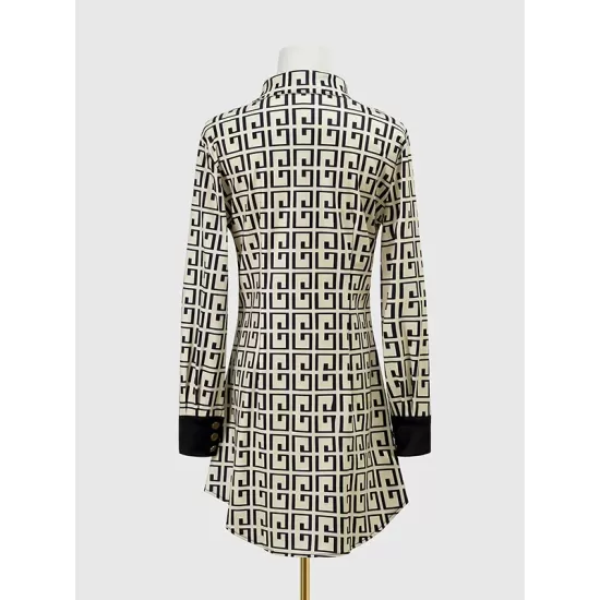 Buttoned Contrast Color Printed Long Sleeves Lapel Mini Dresses Buttoned Contrast Color Printed Long Sleeves Lapel Mini Dresses