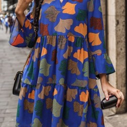 Leaves Print Pleated Split-Joint A-Line Flared Sleeves V-Neck Mini Dresses