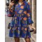 Leaves Print Pleated Split-Joint A-Line Flared Sleeves V-Neck Mini Dresses