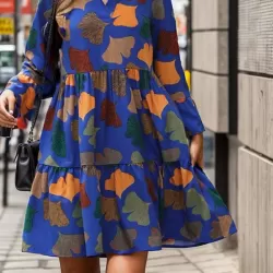 Leaves Print Pleated Split-Joint A-Line Flared Sleeves V-Neck Mini Dresses